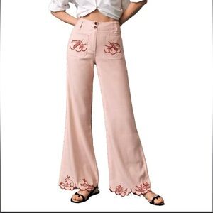 Maeve Anthro Pink Embroidered Linen Viscose The Junie High Rise Flare Pants 27